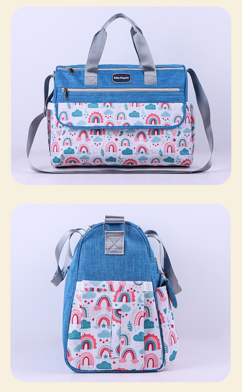 Conjunto de bolso cambiador para bebé con estampado de arcoíris, bolso de viaje multifuncional con cambiador portátil, estuche calientabiberones y bolsillo multiusos.
