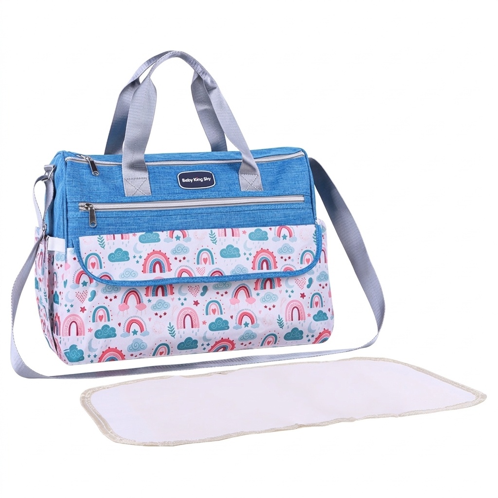 Conjunto de bolso cambiador para bebé con estampado de arcoíris, bolso de viaje multifuncional con cambiador portátil, estuche calientabiberones y bolsillo multiusos.