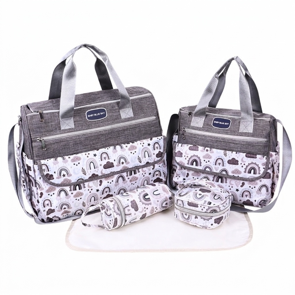 Conjunto de bolso cambiador para bebé con estampado de arcoíris, bolso de viaje multifuncional con cambiador portátil, estuche calientabiberones y bolsillo multiusos.