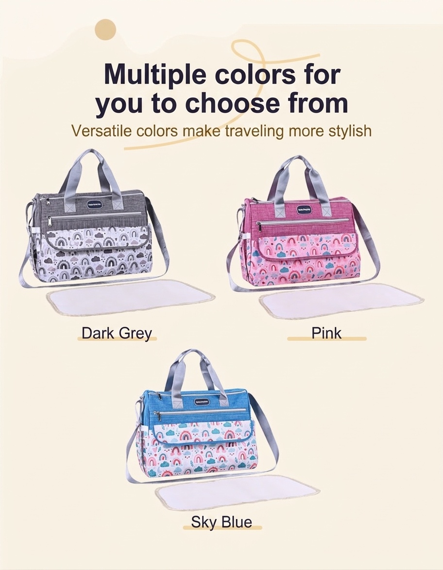 Conjunto de bolso cambiador para bebé con estampado de arcoíris, bolso de viaje multifuncional con cambiador portátil, estuche calientabiberones y bolsillo multiusos.