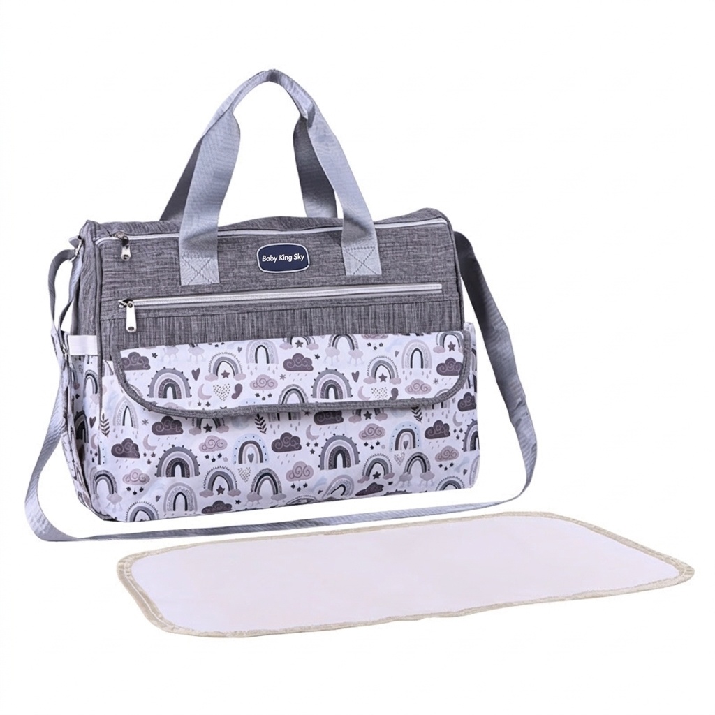 Conjunto de bolso cambiador para bebé con estampado de arcoíris, bolso de viaje multifuncional con cambiador portátil, estuche calientabiberones y bolsillo multiusos.