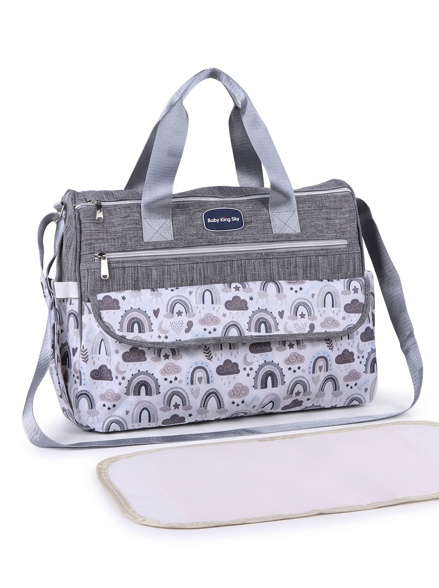 Conjunto de bolso cambiador para bebé con estampado de arcoíris, bolso de viaje multifuncional con cambiador portátil, estuche calientabiberones y bolsillo multiusos.