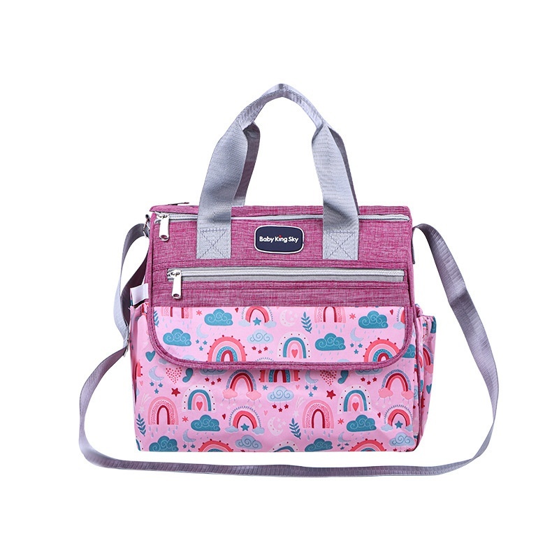 Conjunto de bolso cambiador para bebé con estampado de arcoíris, bolso de viaje multifuncional con cambiador portátil, estuche calientabiberones y bolsillo multiusos.