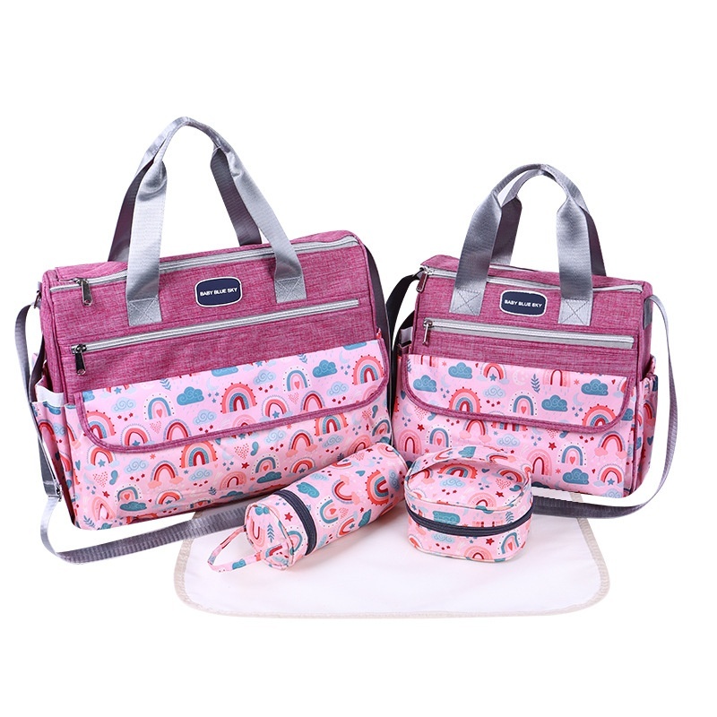 Conjunto de bolso cambiador para bebé con estampado de arcoíris, bolso de viaje multifuncional con cambiador portátil, estuche calientabiberones y bolsillo multiusos.