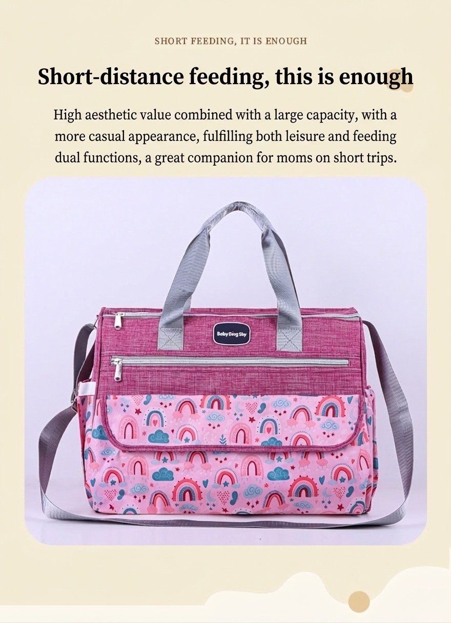 Conjunto de bolso cambiador para bebé con estampado de arcoíris, bolso de viaje multifuncional con cambiador portátil, estuche calientabiberones y bolsillo multiusos.