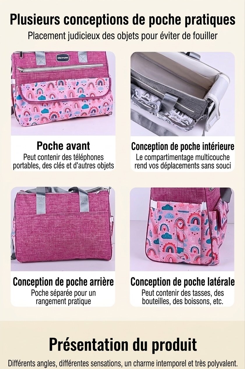 Ensemble sac à langer à motif arc-en-ciel, sac de voyage multifonction avec matelas à langer portable, étui chauffe-biberon et pochette de rangement