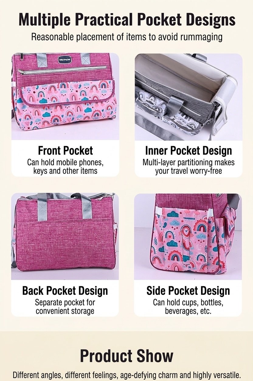 Conjunto de bolso cambiador para bebé con estampado de arcoíris, bolso de viaje multifuncional con cambiador portátil, estuche calientabiberones y bolsillo multiusos.