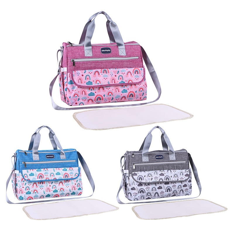 Conjunto de bolso cambiador para bebé con estampado de arcoíris, bolso de viaje multifuncional con cambiador portátil, estuche calientabiberones y bolsillo multiusos.
