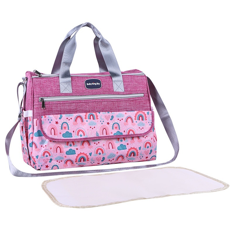 Conjunto de bolso cambiador para bebé con estampado de arcoíris, bolso de viaje multifuncional con cambiador portátil, estuche calientabiberones y bolsillo multiusos.