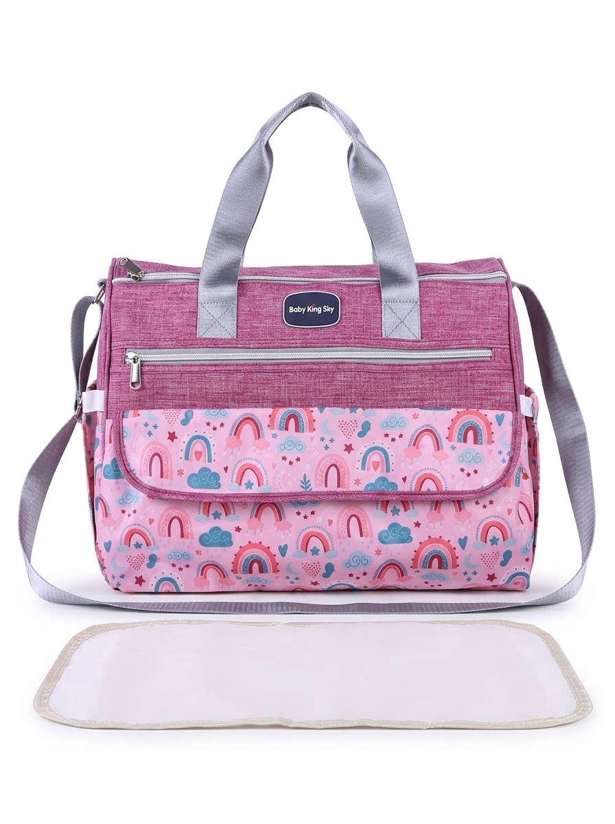 Conjunto de bolso cambiador para bebé con estampado de arcoíris, bolso de viaje multifuncional con cambiador portátil, estuche calientabiberones y bolsillo multiusos.