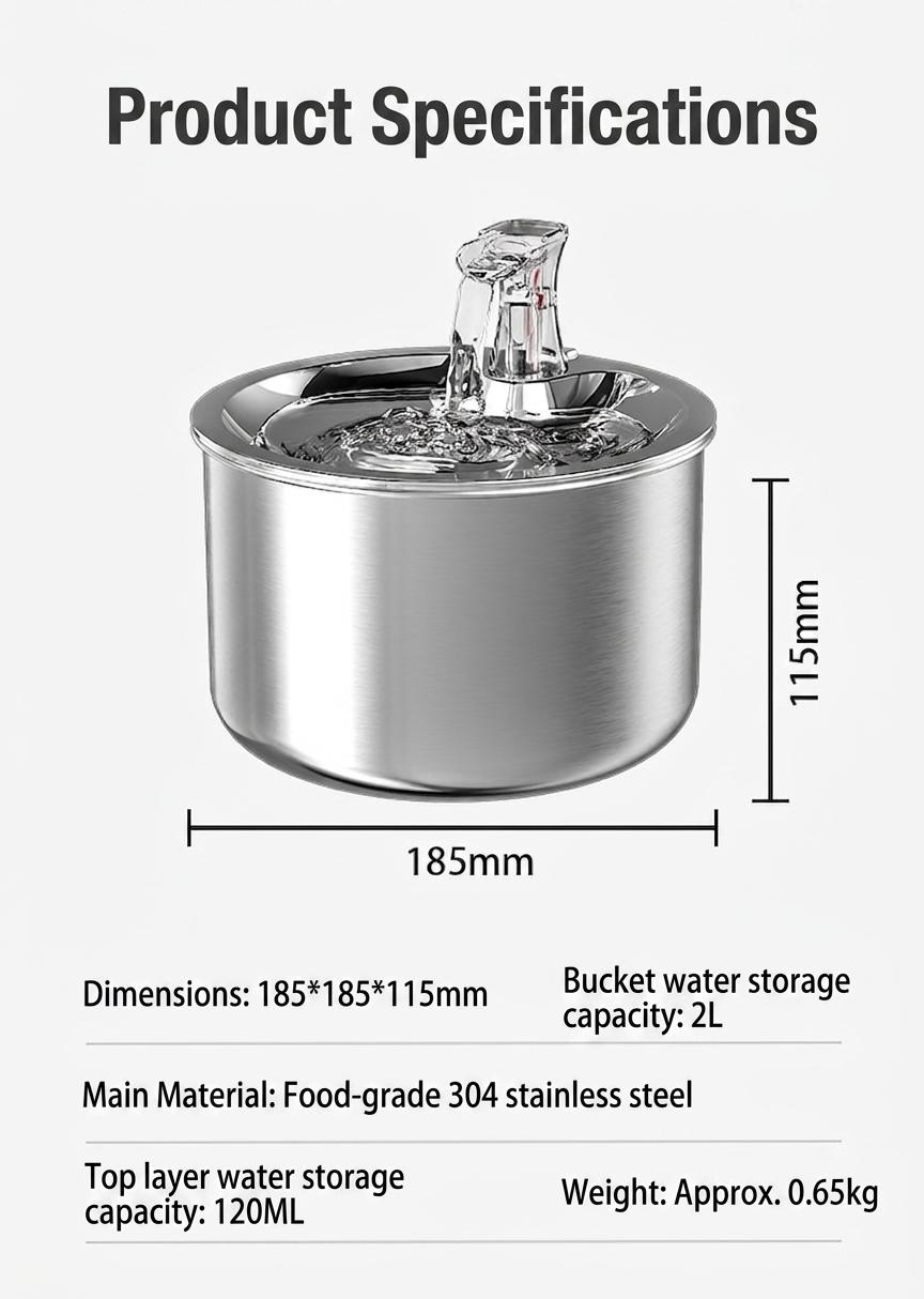 Stainless Steel Pet Water Fountain for Cats & Small Dogs - Model#WF150
