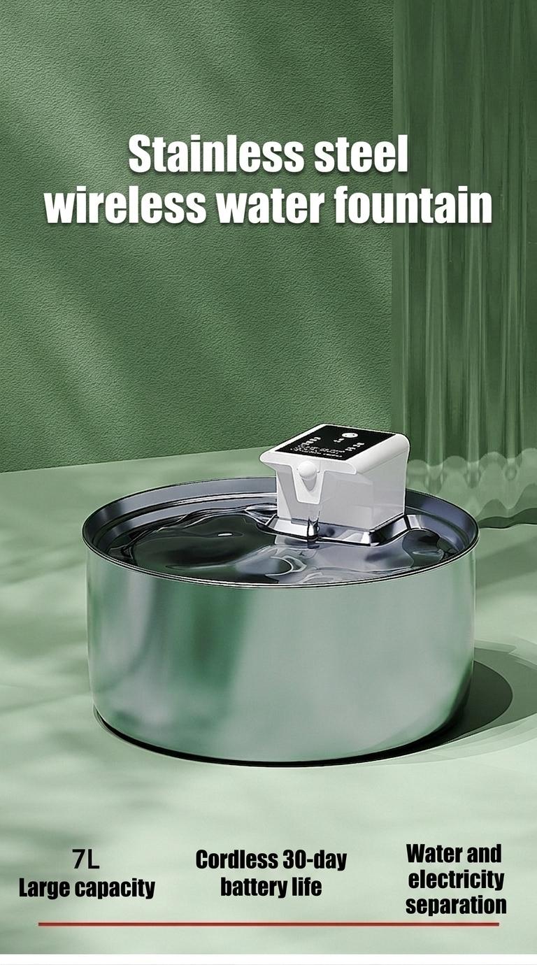 7L Stainless Steel Wireless Pet Water Fountain for Dogs & Cats - Model#FT008