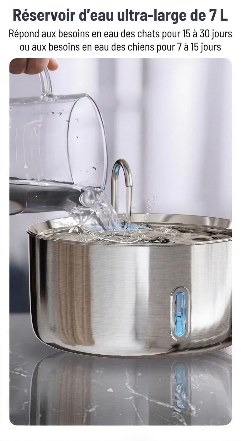 Fontaine à eau automatique pour animaux de compagnie en acier inoxydable de 7 L - Modèle n° FT007