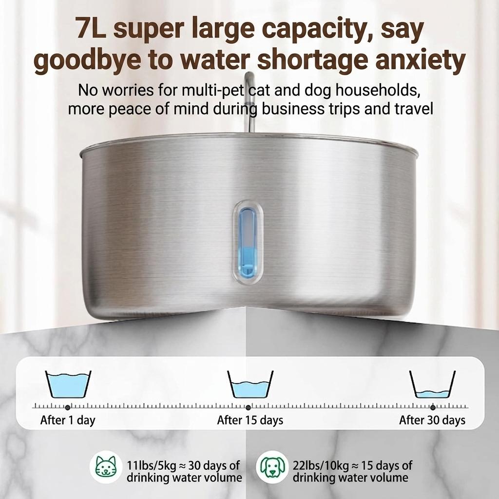 7L Stainless Steel Pet Water Fountain Automatic Dispenser - Model#FT007