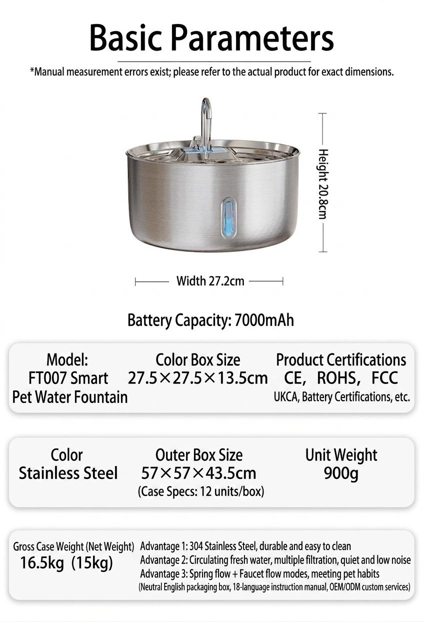 7L Stainless Steel Pet Water Fountain Automatic Dispenser - Model#FT007