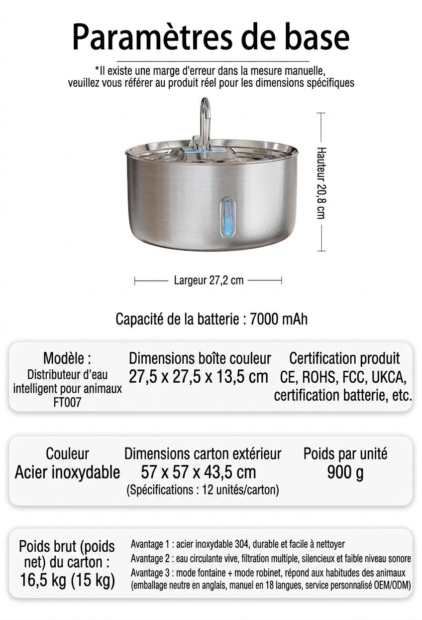 Fontaine à eau automatique pour animaux de compagnie en acier inoxydable de 7 L - Modèle n° FT007