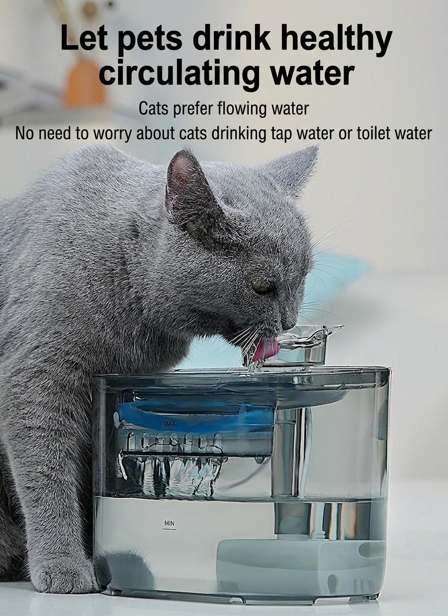Automatic Pet Water Fountain for Cats & Small Dogs - 2.2L - Model#FT666 Transparent Grey - Water Outlet - Cat Head Design