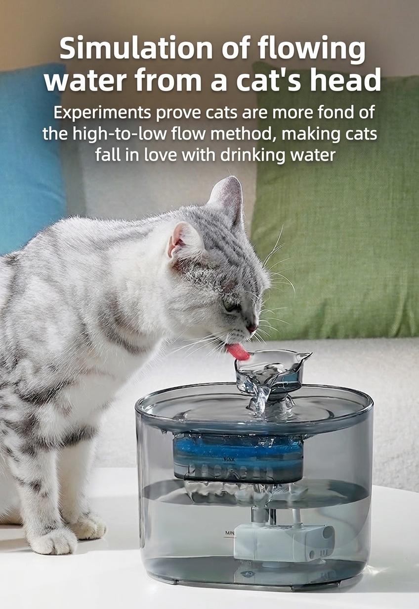 Automatic Pet Water Fountain for Cats & Small Dogs - 2.2L - Model#FT666 Transparent Grey - Water Outlet - Cat Head Design