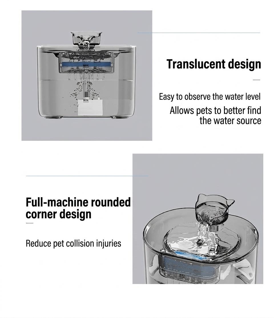 Automatic Pet Water Fountain for Cats & Small Dogs - 2.2L - Model#FT666 Transparent Grey - Water Outlet - Cat Head Design
