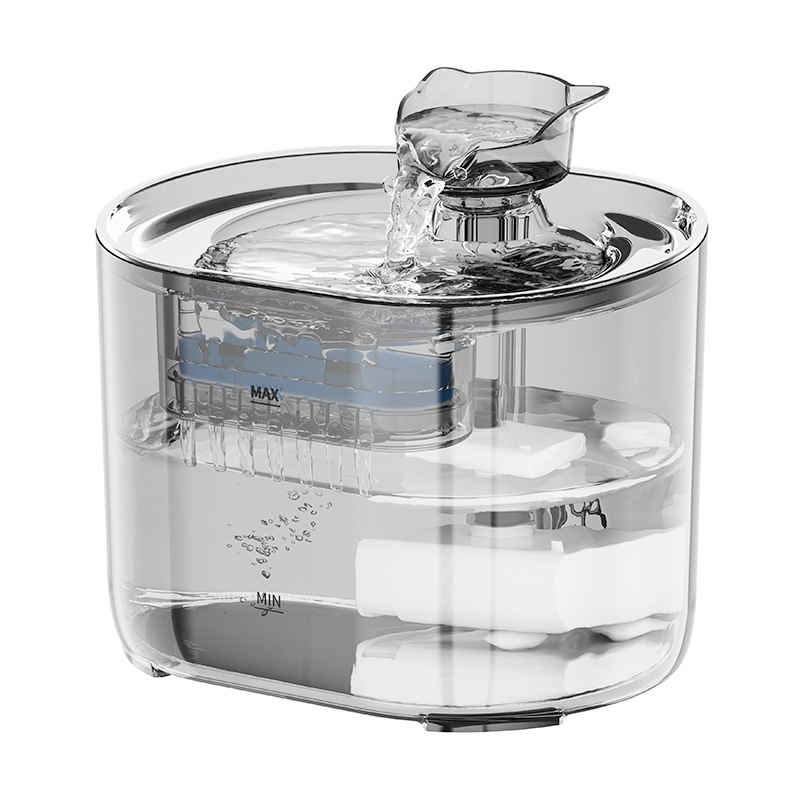 Automatic Pet Water Fountain for Cats & Small Dogs - 2.2L - Model#FT666 Transparent Grey - Water Outlet - Cat Head Design
