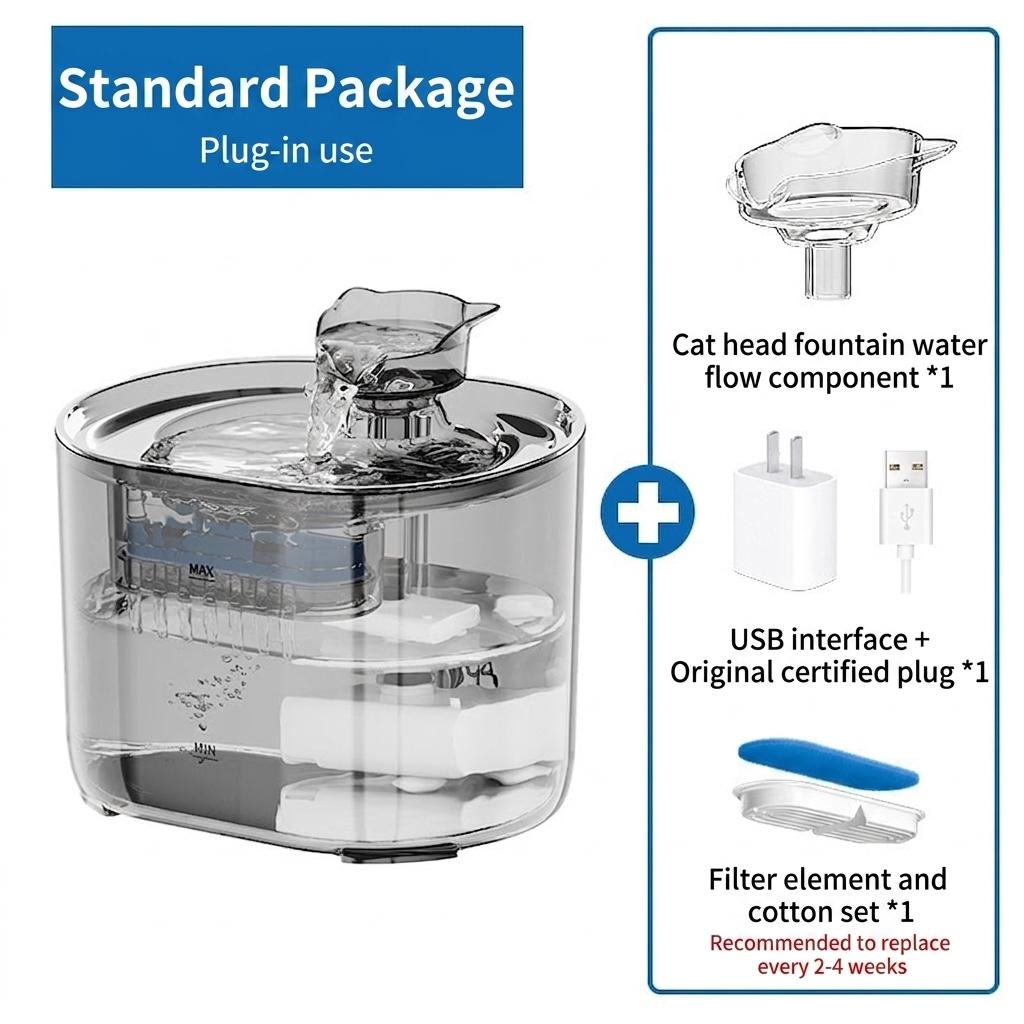 Automatic Pet Water Fountain for Cats & Small Dogs - 2.2L - Model#FT666 Transparent Grey - Water Outlet - Cat Head Design