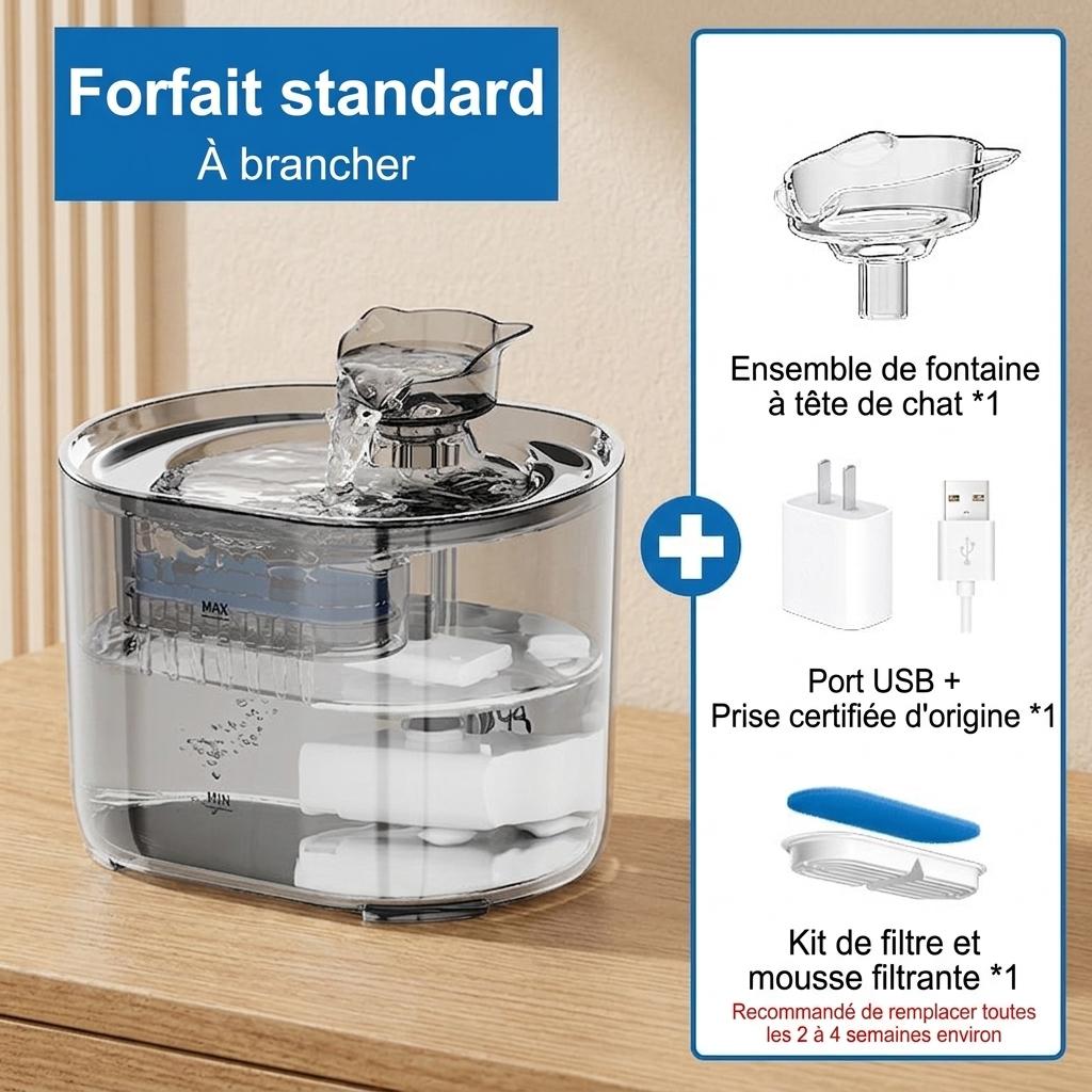 Fontaine à eau automatique pour chats et petits chiens - 2,2 L - Modèle FT666 Gris transparent - Sortie d'eau - Design tête de chat