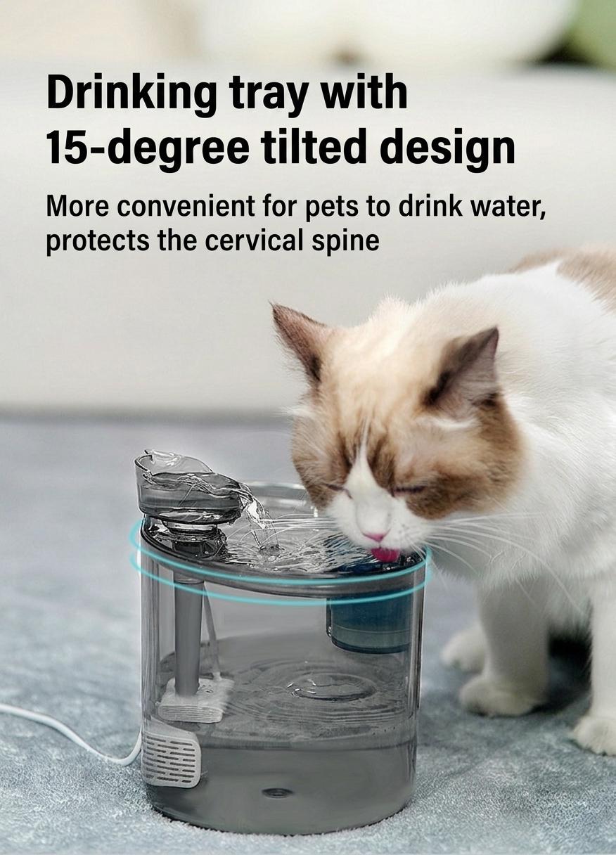 Automatic Pet Water Fountain for Cats & Small Dogs - 2.2L - Model#FT666 Transparent Grey - Normal Water Outlet