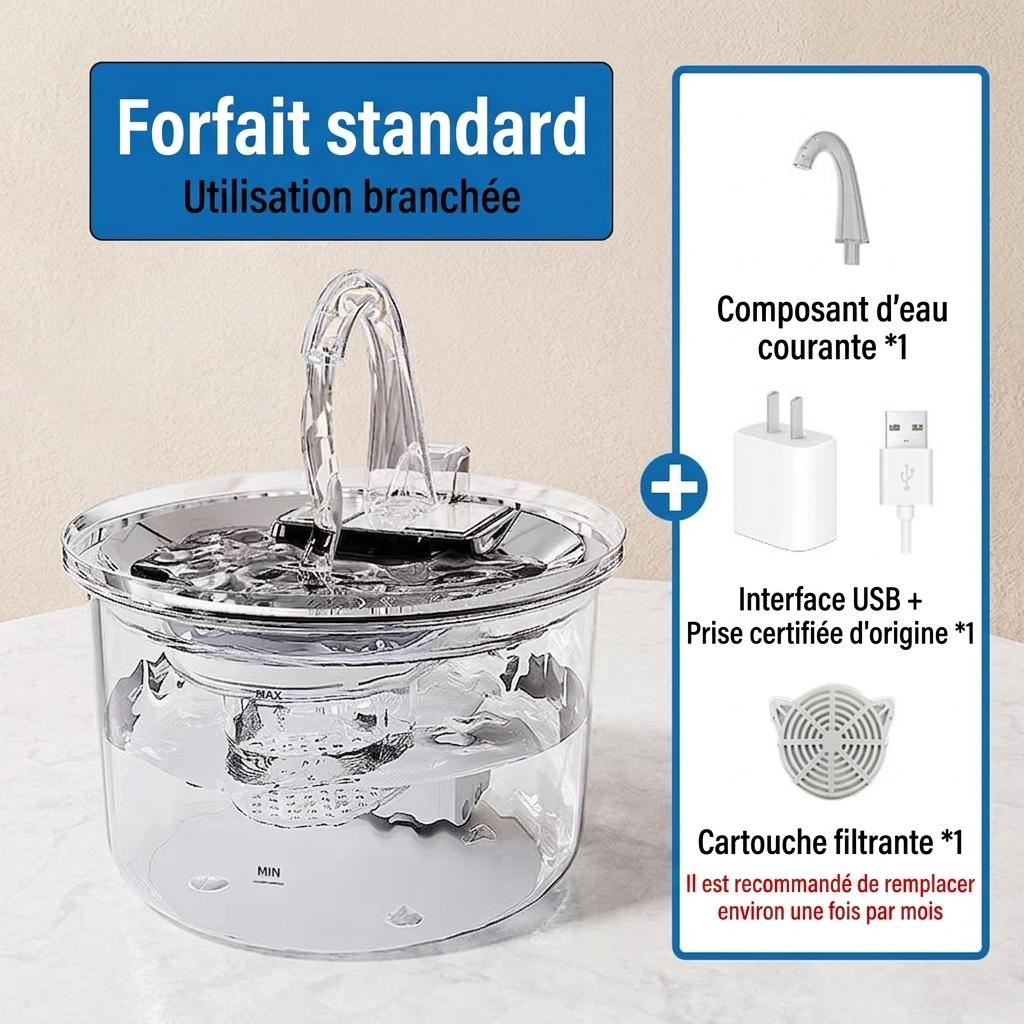 Fontaine à eau intelligente pour animaux de compagnie, acier inoxydable, 2,2 L, filtre automatique - Modèle n° FT100