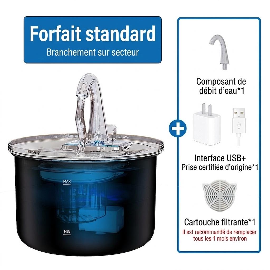Fontaine à eau intelligente pour animaux de compagnie, acier inoxydable, 2,2 L, filtre automatique - Modèle n° FT100