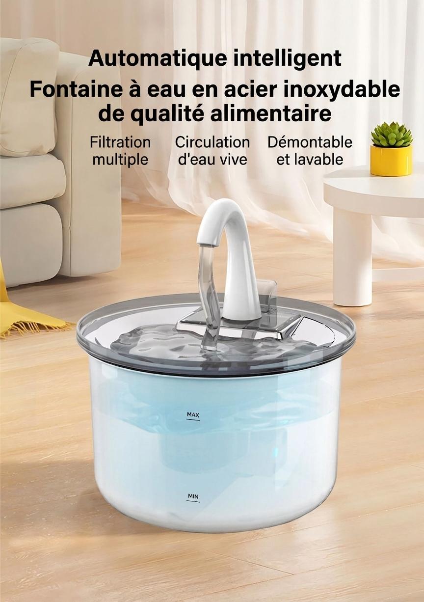 Fontaine à eau intelligente pour animaux de compagnie, acier inoxydable, 2,2 L, filtre automatique - Modèle n° FT100