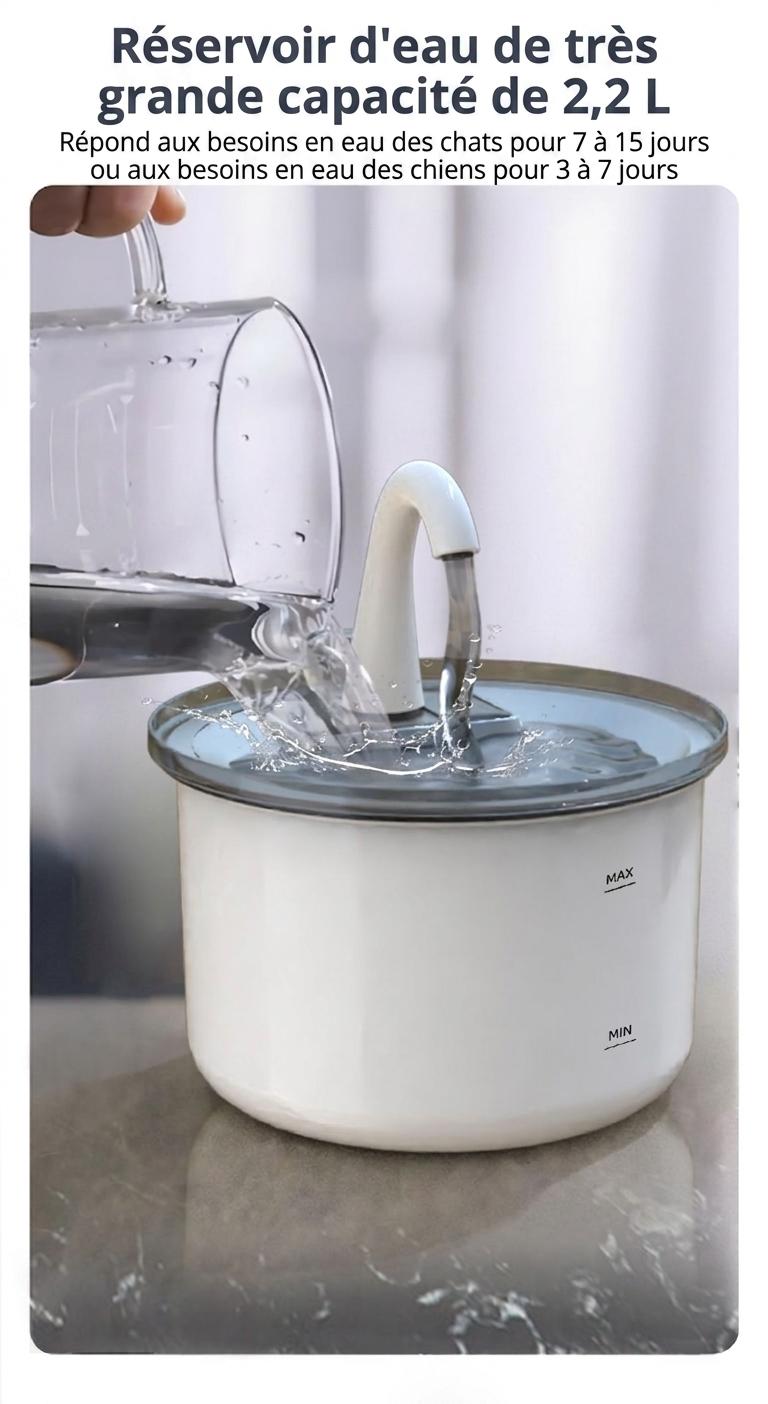 Fontaine à eau intelligente pour animaux de compagnie, acier inoxydable, 2,2 L, filtre automatique - Modèle n° FT100