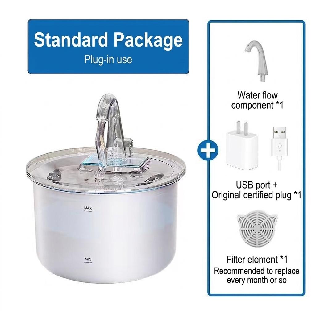 Smart Pet Water Fountain, Stainless Steel, 2.2L, Auto Filter - Model#FT100