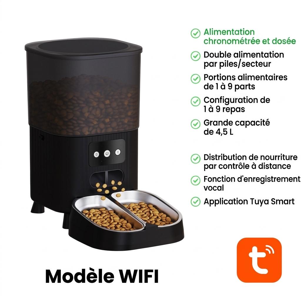 Distributeur automatique de croquettes intelligent Wi-Fi pour chats et chiens - 4,5 L - Forme carrée