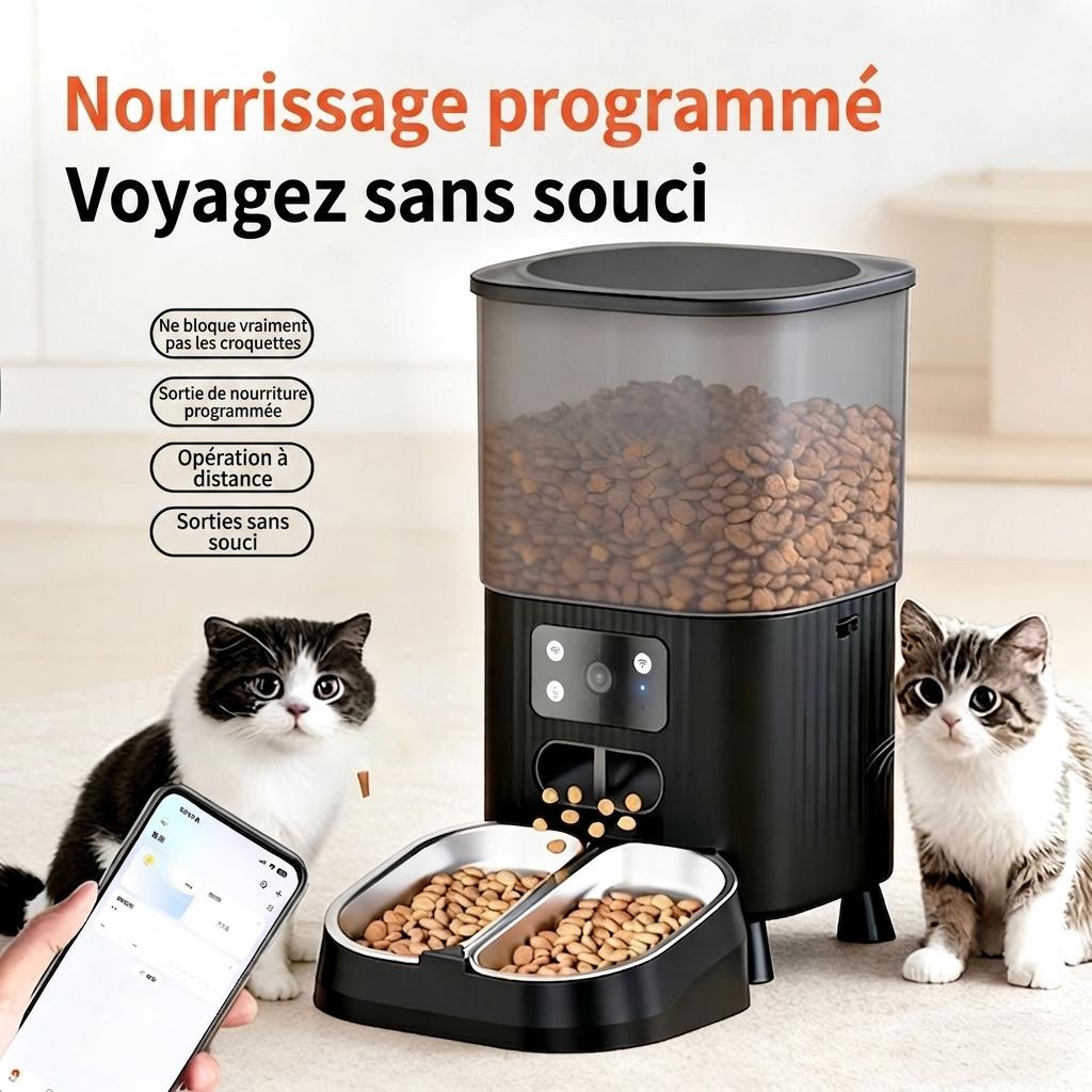Distributeur automatique de croquettes intelligent Wi-Fi pour chats et chiens - 4,5 L - Forme carrée