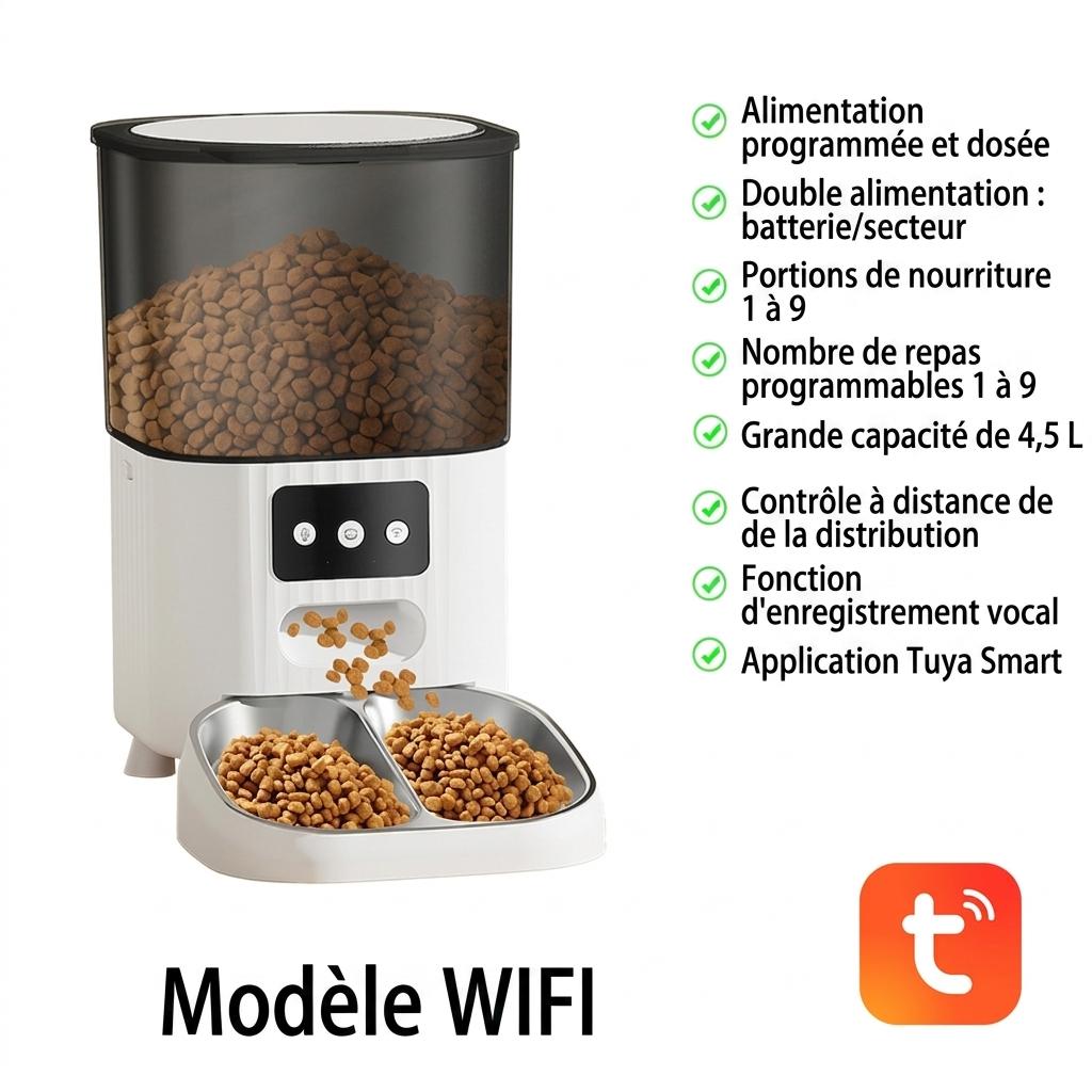 Distributeur automatique de croquettes intelligent Wi-Fi pour chats et chiens - 4,5 L - Forme carrée