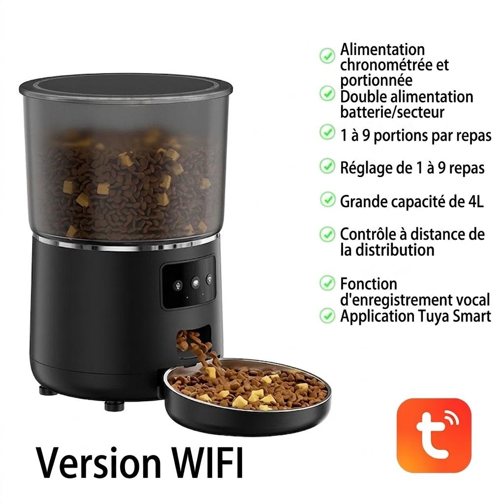 Distributeur automatique de croquettes intelligent Wi-Fi pour chats et chiens - 4,5 L - Forme ronde