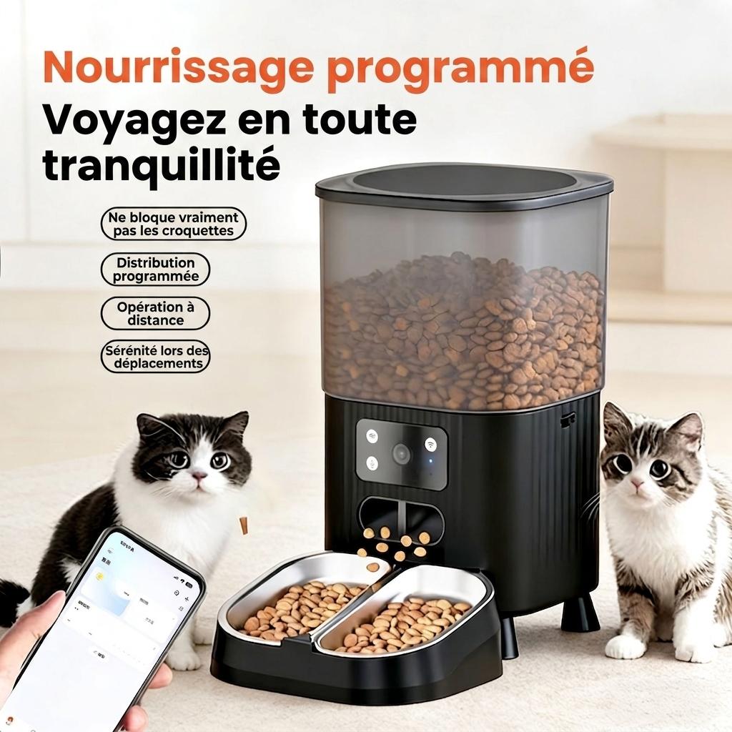Distributeur automatique de croquettes intelligent Wi-Fi pour chats et chiens - 4,5 L - Forme ronde