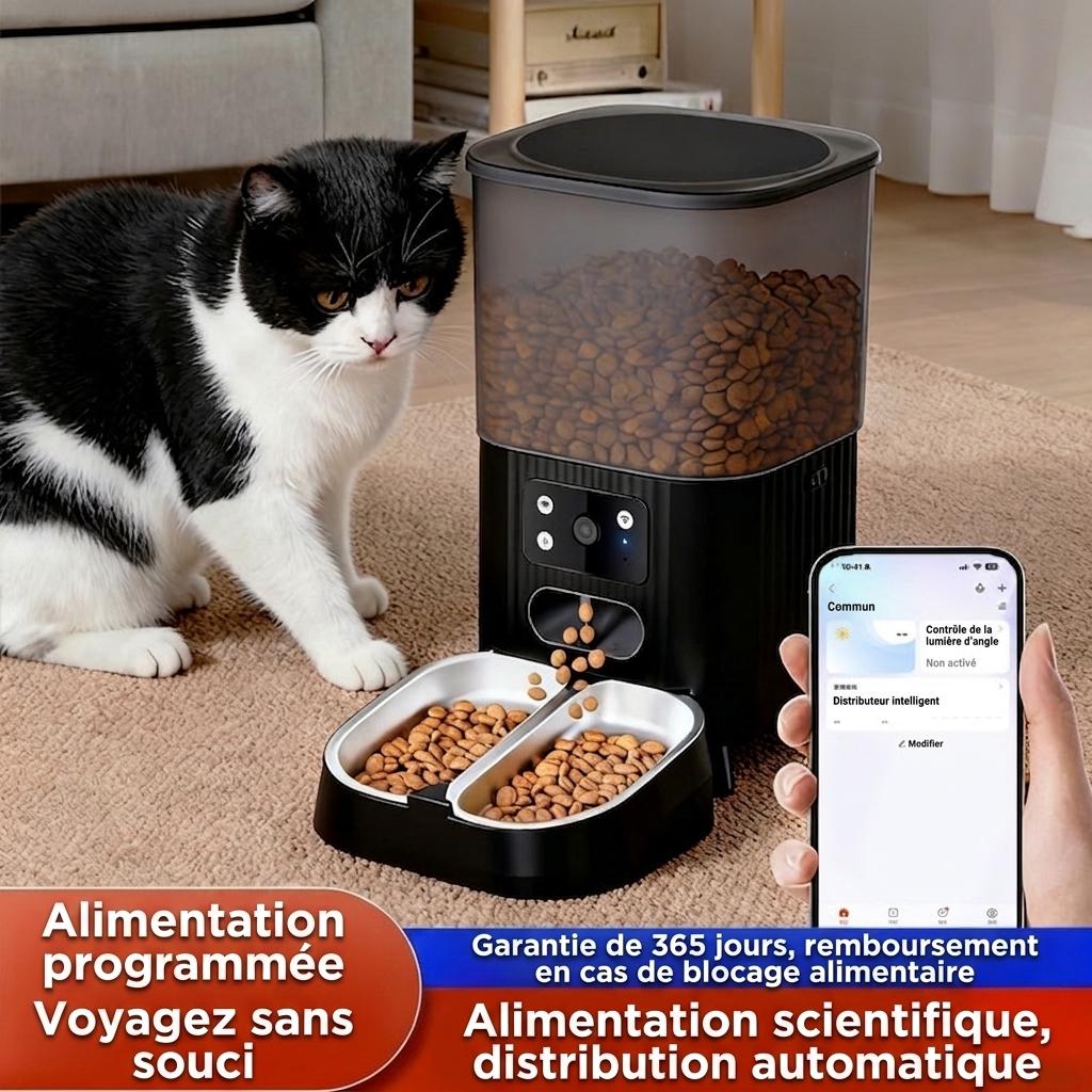 Distributeur automatique de croquettes intelligent Wi-Fi pour chats et chiens - 4,5 L - Forme ronde