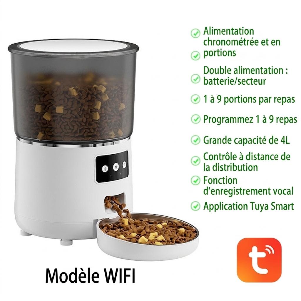 Distributeur automatique de croquettes intelligent Wi-Fi pour chats et chiens - 4,5 L - Forme ronde