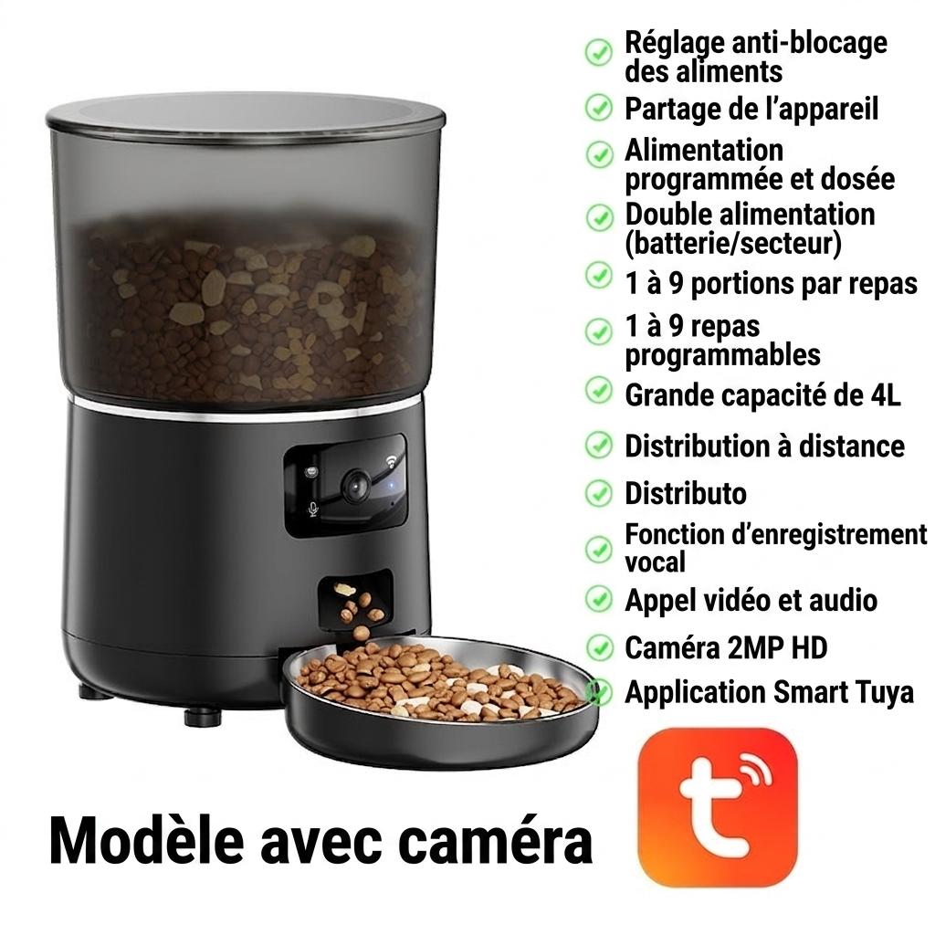 Distributeur automatique de croquettes intelligent WiFi pour chats et chiens - 4,5 L - Version avec caméra