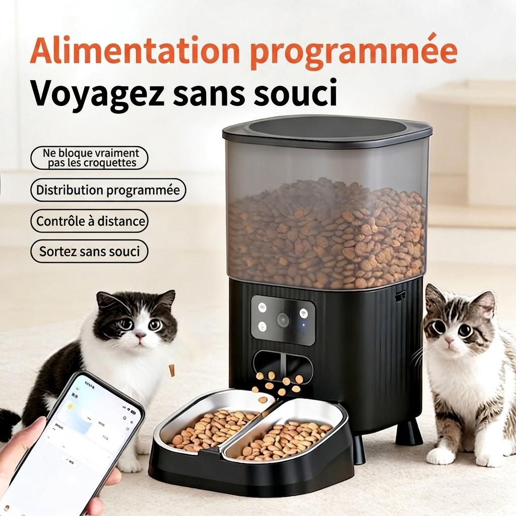 Distributeur automatique de croquettes intelligent WiFi pour chats et chiens - 4,5 L - Version avec caméra
