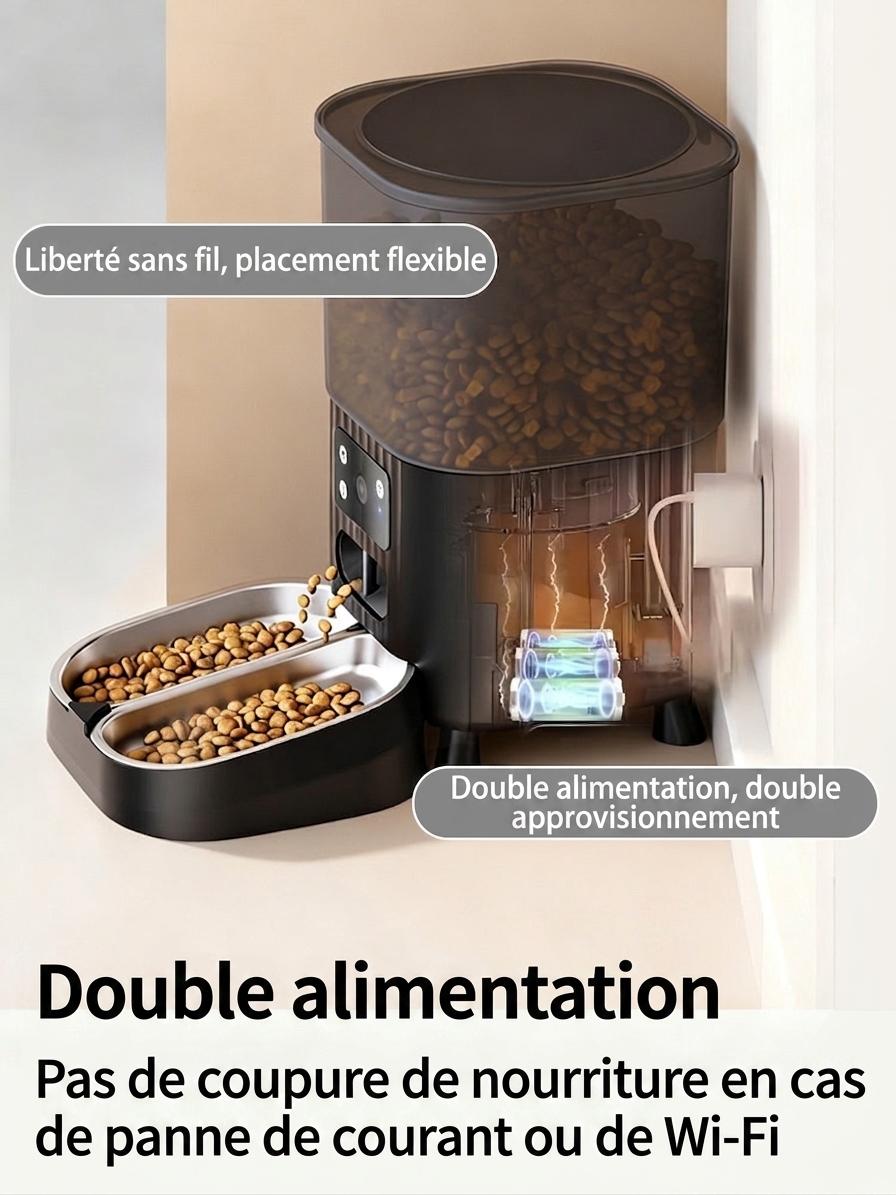 Distributeur automatique de croquettes intelligent WiFi pour chats et chiens - 4,5 L - Version avec caméra