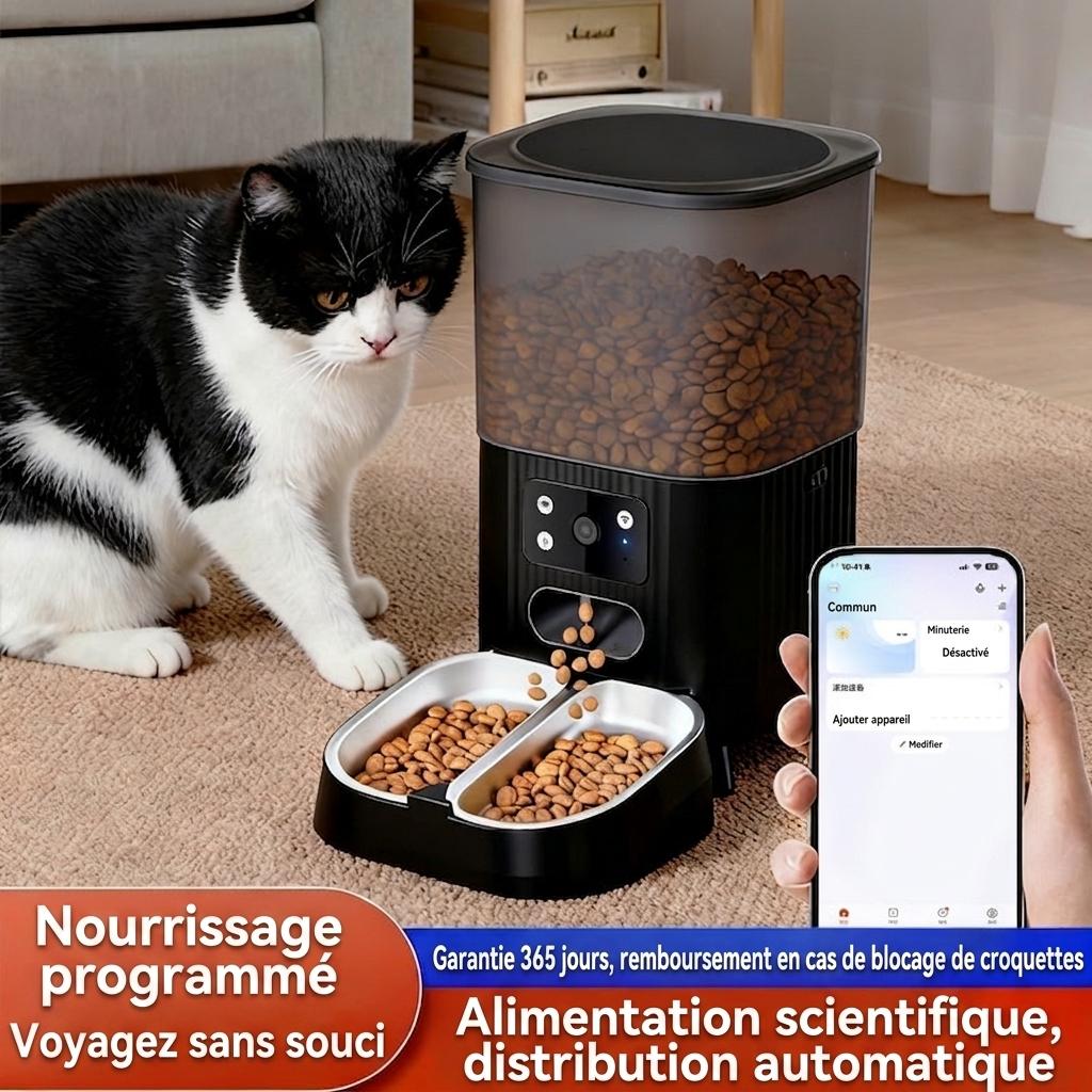 Distributeur automatique de croquettes intelligent WiFi pour chats et chiens - 4,5 L - Version avec caméra