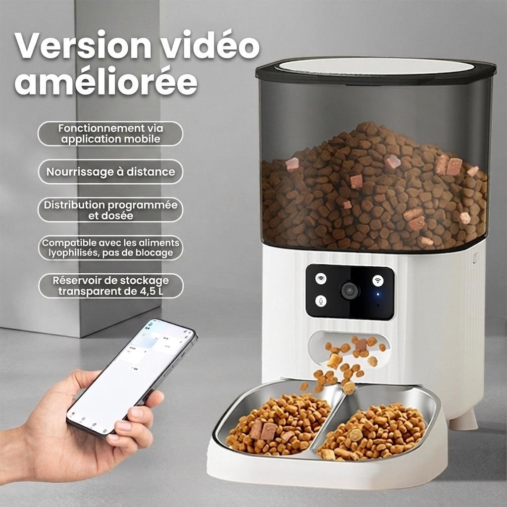 Distributeur automatique de croquettes intelligent WiFi pour chats et chiens - 4,5 L - Version avec caméra