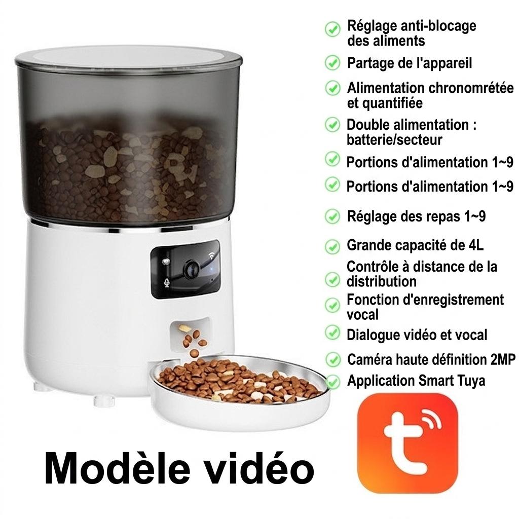 Distributeur automatique de croquettes intelligent WiFi pour chats et chiens - 4,5 L - Version avec caméra