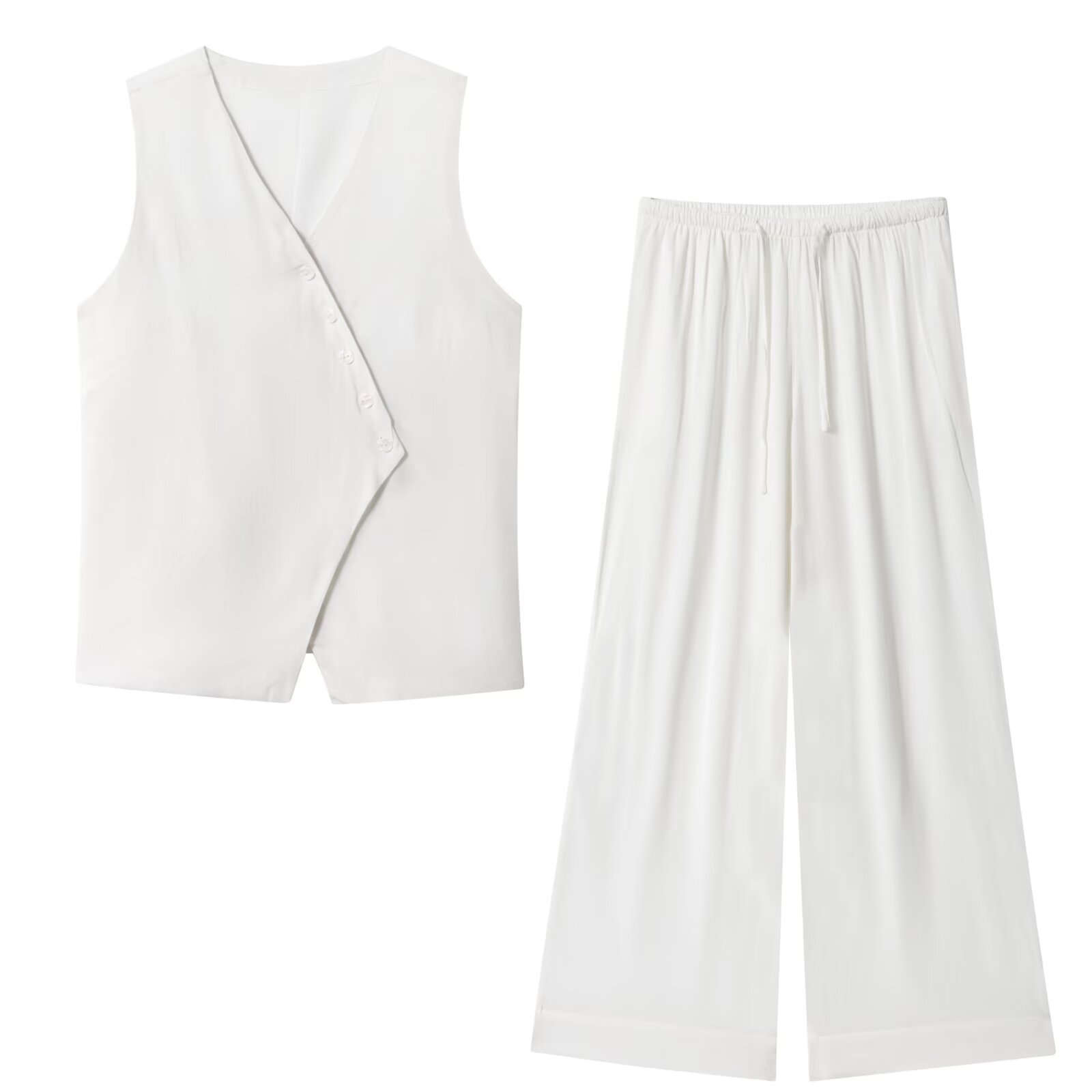 Conjunto de pantalón ancho de lino con chaleco - Estilo americano asimétrico KUN-00049