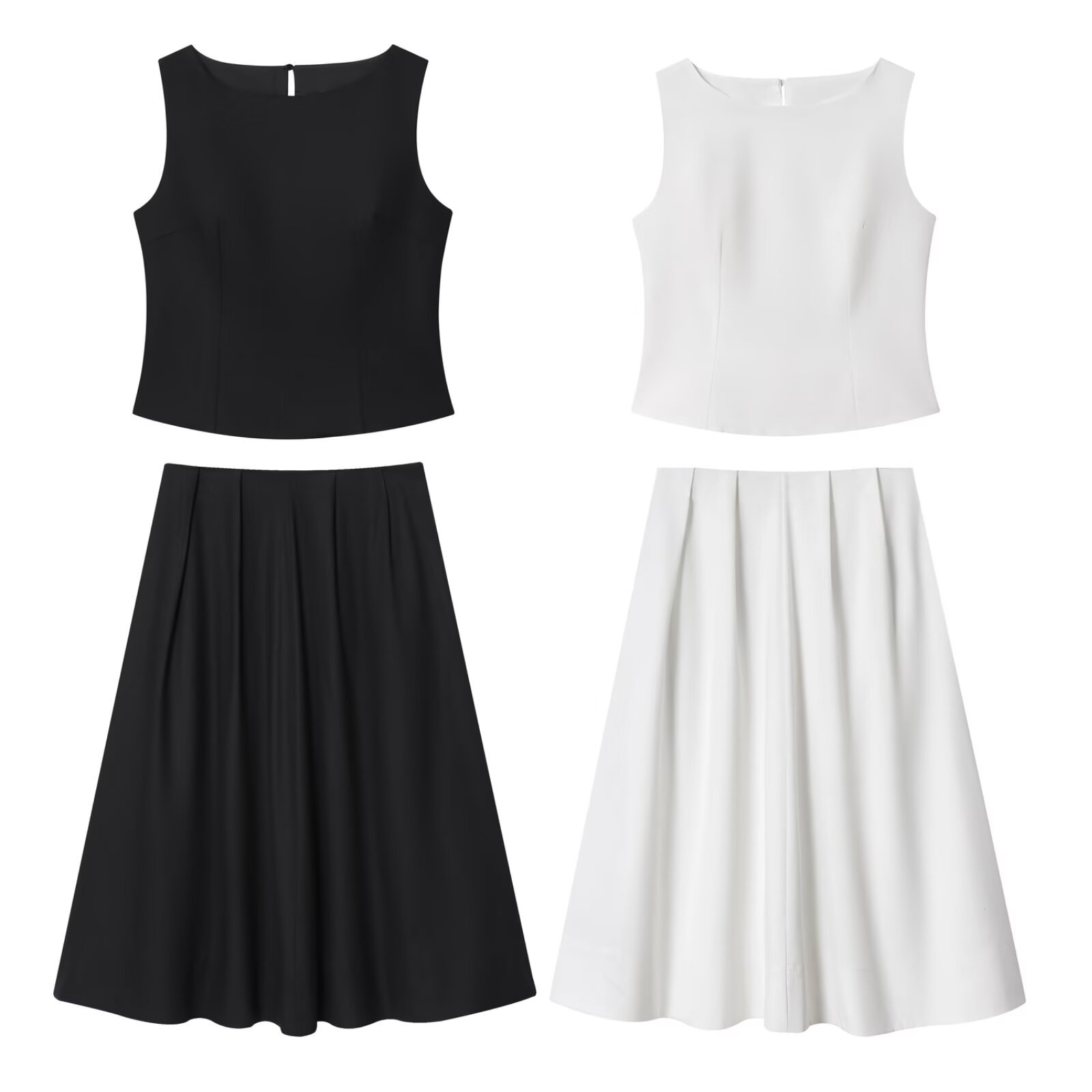 Linen Sleeveless Top & Pleated Skirt Set - Black and White KUN-00044