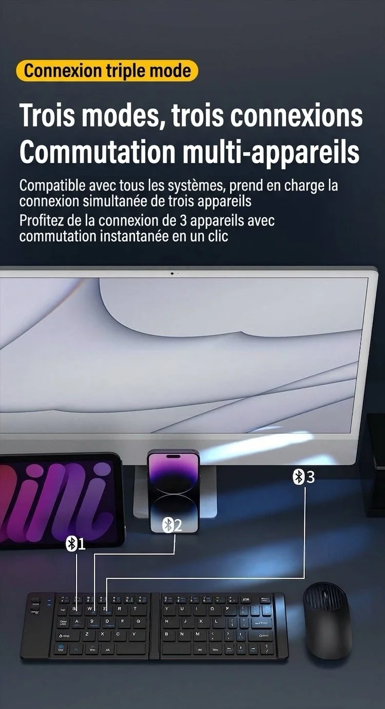 Ensemble clavier et souris Bluetooth pliables avec batterie de 90 heures, compatible avec plusieurs appareils.