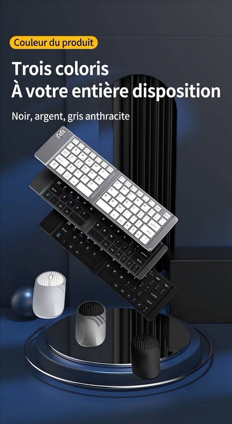 Ensemble clavier et souris Bluetooth pliables avec batterie de 90 heures, compatible avec plusieurs appareils.
