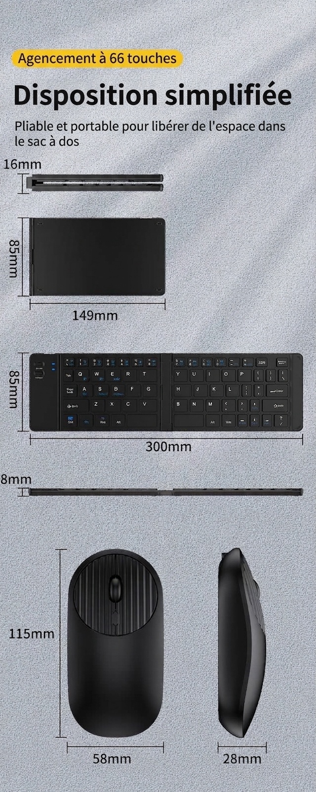 Ensemble clavier et souris Bluetooth pliables avec batterie de 90 heures, compatible avec plusieurs appareils.